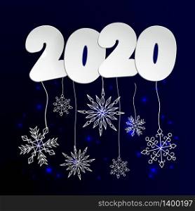 Happy New 2020 Year. Vector holiday illustration. Paper white 3d numbers on dark sky night blue imitation background with snowflakes. Event banner. Decoration element for poster, card, web or cover design. Happy New 2020 Year. Vector holiday illustration. Paper white 3d numbers on blue imitation background with snowflakes. Event banner