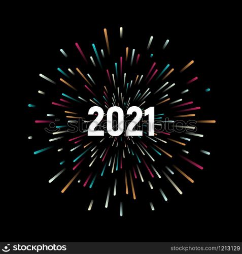 Happy New 2021 Year. Holiday vector illustration with festive typographic composition. New Year 2021 Label With Graphic Multicolored Firework Shape. Happy NYE Logo Design