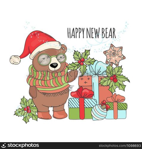 HAPPY NEW BEAR Christmas Cartoon Card Vector Illustration Set