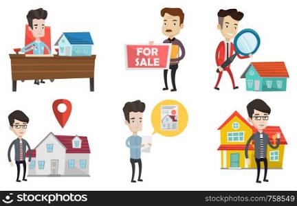Happy new owner of house signing home purchase contract. Caucasian real estate agent signing home purchase contract in office. Set of vector flat design illustrations isolated on white background.. Vector set of real estate agents and house owners.