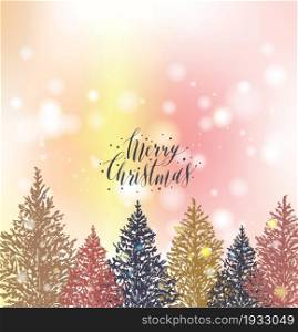 Happy New Yea and Merry Christmas greeting card. Celebration background with Christmas Landscape.. Merry Christmas greeting card. Celebration background with Christmas Landscape, Christmas tree and place for your text on pink bokeh background. Vector Illustration