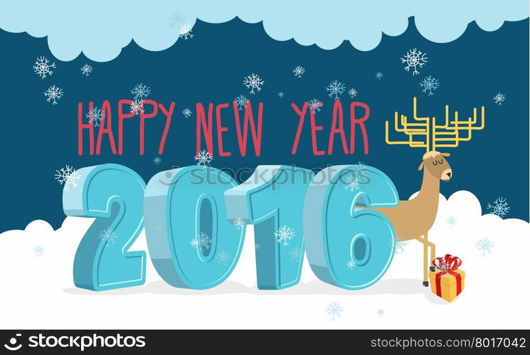 Happy new year 2016. Deer and gift. Christmas greeting card.