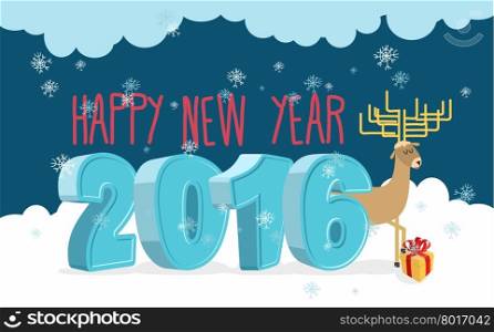 Happy new year 2016. Deer and gift. Christmas greeting card.