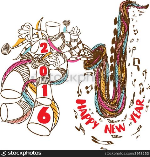 happy new year 2016 musical with Jazz Saxophone doodle art
