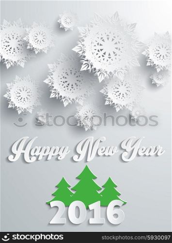 Happy new year 2016 snowflakes banner with tree. Greeting celebration, holiday annual winter, decor poster, decoration congratulation, postcard event illustration. Silver snowflakes