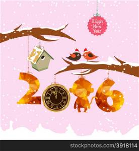 happy new year 2016 with birdhouse for winter. Gold clock geometrical
