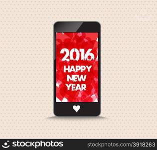 Happy new year 2016 with hearts red color phone