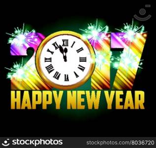 Happy New Year 2017 background with gold clock and fireworks