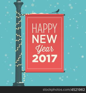 Happy new year 2017 card, street sign, editable vector design