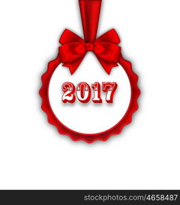 Happy New Year 2017 Card with Red Silk Ribbon and Bow. Illustration Happy New Year 2017 Card with Red Silk Ribbon and Bow - Vector