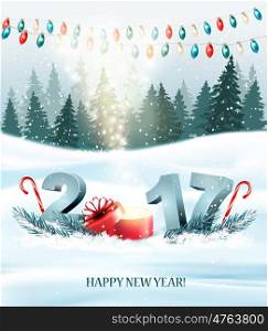 Happy New Year 2017 nature background with garlands and a gift box. Vector.