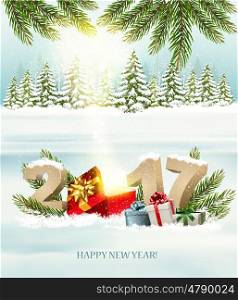 Happy New Year 2017 nature background with magic box and presents. Vector.