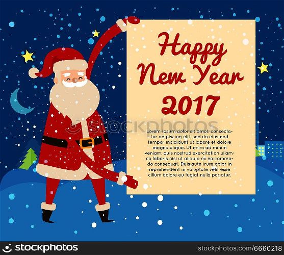 Happy New Year 2017 postcard from Santa Claus on dark snowy night background. Vector illustration of standing man in red warm coat and trousers, soft hat and gloves, black belt, boots among field.. Happy New Year 2017 Postcard from Santa Claus
