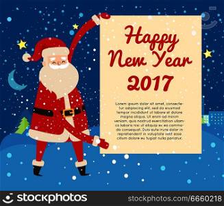 Happy New Year 2017 postcard from Santa Claus on dark snowy night background. Vector illustration of standing man in red warm coat and trousers, soft hat and gloves, black belt, boots among field.. Happy New Year 2017 Postcard from Santa Claus