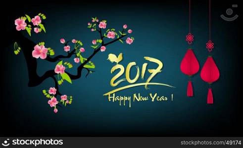Happy New Year 2017. year of the rooster with blooming flowers background