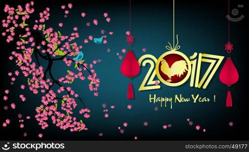 Happy New Year 2017. year of the rooster with blooming flowers background