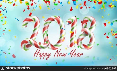 Happy New Year 2018 Background Vector. Poster Or Greeting Card Design Template 2018. Falling Confetti Explosion. Decoration Date 2018 Year. Celebrate Illustration. 2018 Happy New Year Background Vector. Flyer Or Brochure Design Template 2018. Decoration Date 2018 Year. Celebrate Event Holiday Illustration