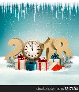 Happy New Year 2018 background with presents and clock. Vector.