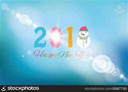 Happy new year 2018 background with snowman and snow, vector illustration.. 2018 Christmas card with a snowman on the background of nature and fir branches