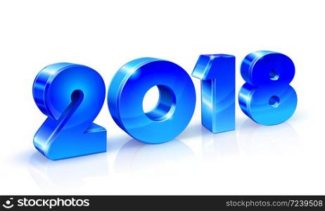 Happy New Year 2018. Blue shiny numbers with reflection on a white background. 3D stule vector illustration.. Happy New Year 2018. Blue shiny numbers with reflection on a white background.