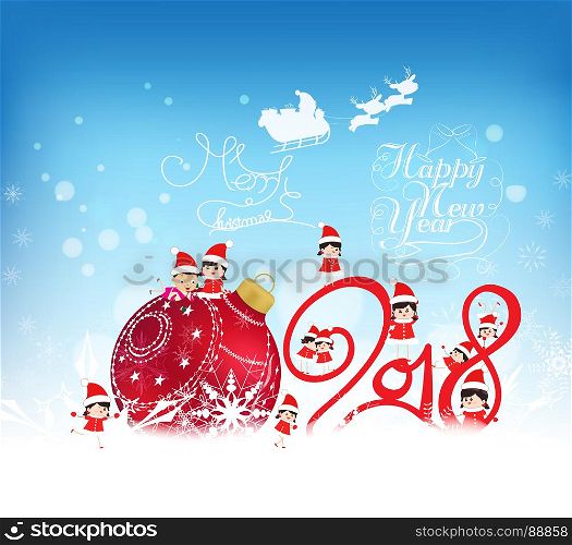 Happy new year 2018. Christmas background with red bauble, kids, snow and snowflakes