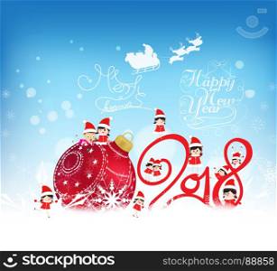 Happy new year 2018. Christmas background with red bauble, kids, snow and snowflakes