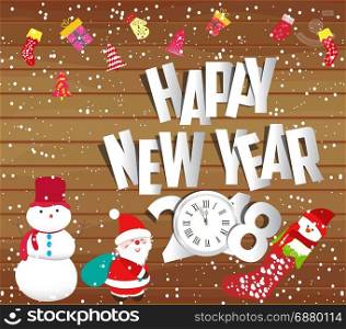 Happy new year 2018, christmas background with snowman and santa claus on wood