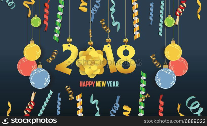 Happy new year 2018 confetti and gold clock celebration. Colorfull greeting decoration