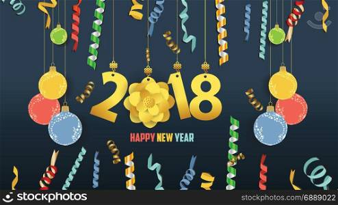 Happy new year 2018 confetti and gold clock celebration. Colorfull greeting decoration