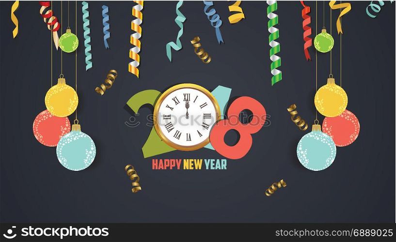 Happy new year 2018 confetti and gold clock celebration. Colorfull greeting decoration
