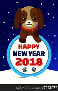 Happy New Year 2018 cute dog on poster with congratulation on dark snowy background. Vector illustration with happy smiling symbol of coming year. Happy New Year 2018 Cute Dog Vector Illustration