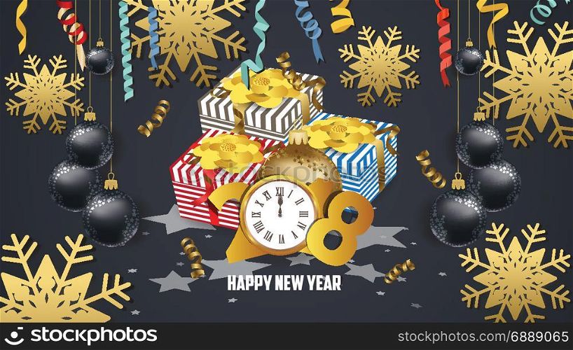 Happy new year 2018 gifts and confetti celebration. Gold greeting decoration