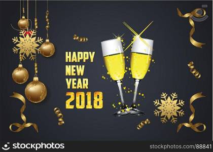 Happy new year 2018. Glasses of champagne on bright background with confetti and ball