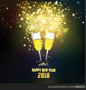 Happy new year 2018. Glasses of champagne on bright background with fireworks