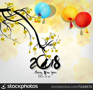 Happy new year 2018 greeting card and chinese new year of the dog, Cherry blossom background