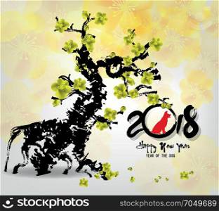 Happy new year 2018 greeting card and chinese new year of the dog, Cherry blossom background