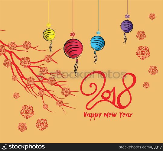 Happy new year 2018 greeting card and chinese new year of the dog, Cherry blossom background