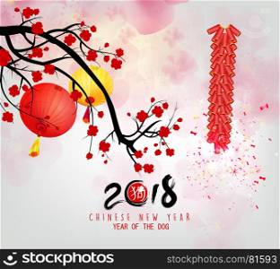 Happy new year 2018 greeting card, chinese new year of ther dog and blossom background