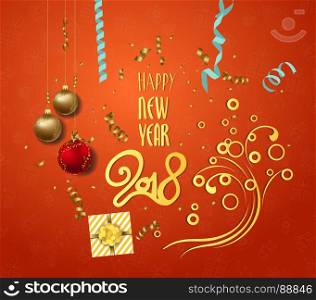 Happy New Year 2018 greeting card. Festive illustration with colorful confetti background