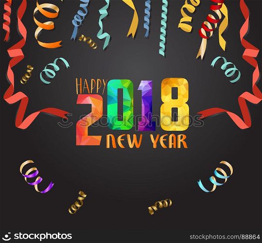 Happy New Year 2018 greeting card. Festive illustration with colorful confetti background
