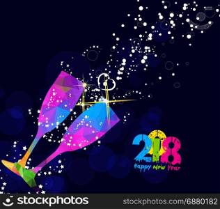 Happy new year 2018 greeting card or poster design with colorful triangle glass