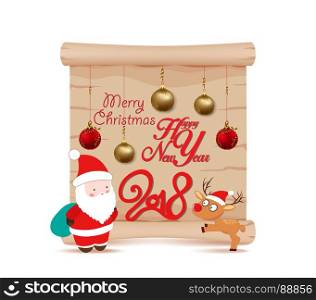 Happy new year 2018 poster. santa claus and deer parchment sign