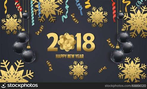 Happy new year 2018 snowflake and confetti celebration. Gold greeting decoration