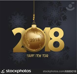 Happy new year 2018 snowflake celebration. Gold ball greeting decoration