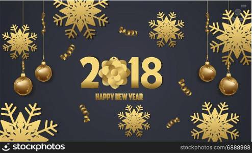 Happy new year 2018 snowflake celebration. Gold greeting decoration