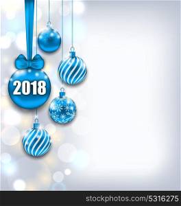 Happy New Year 2018 with Blue Glass Balls, Glitter Light Banner. Happy New Year 2018 with Blue Glass Balls, Glitter Light Banner- Illustration Vector