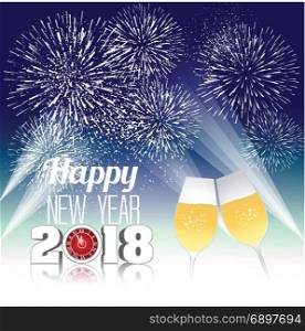 Happy new year 2018 with champagne glasses and firework bacground
