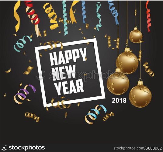 Happy New Year 2018 with gold balls - modern greeting card in flat design style