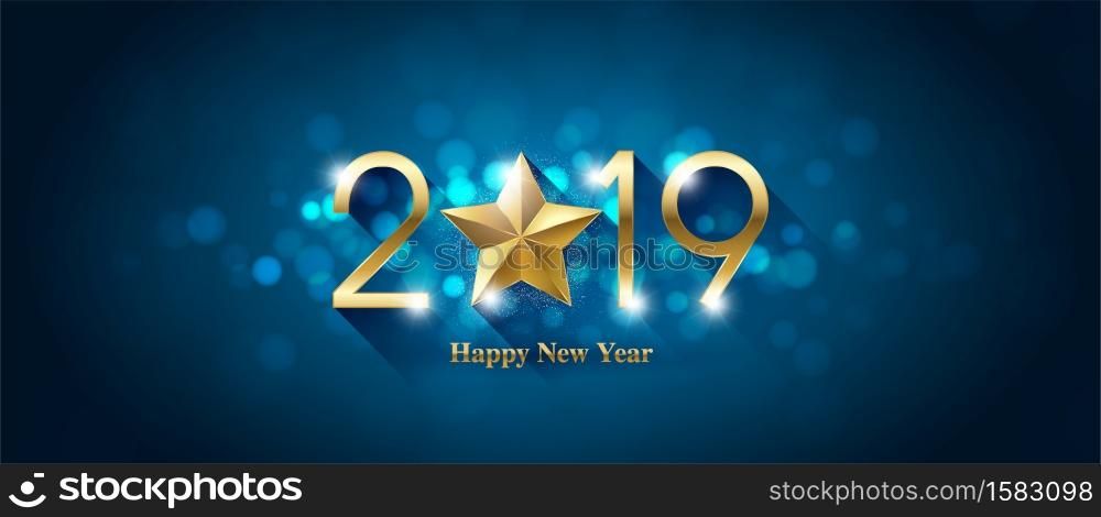 Happy new year 2019 and christmas card with gold star and glitter.
