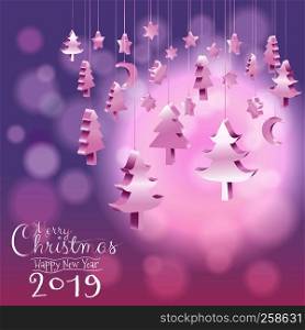 Happy New Year 2019 and Merry Christmas tree ornaments hanging rope in isometric 3D with calligraphy bokeh blurry sweet purple pink background with copy space, Vector illustration EPS10
